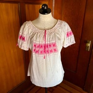 Vintage 50s 60s Embroidered Cotton Folk Peasant Blouse Top, Pink White, Large